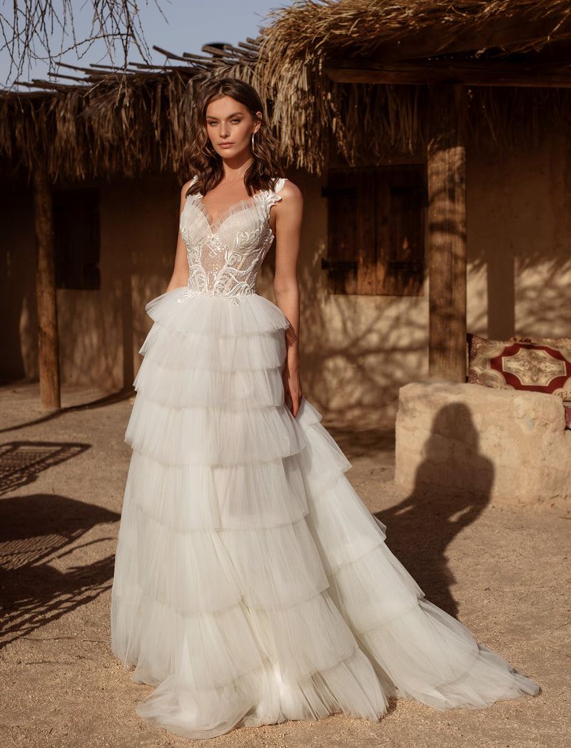 Romantic Sparkling Lace Ballgown Wedding Dress with Layered Tulle Skirt